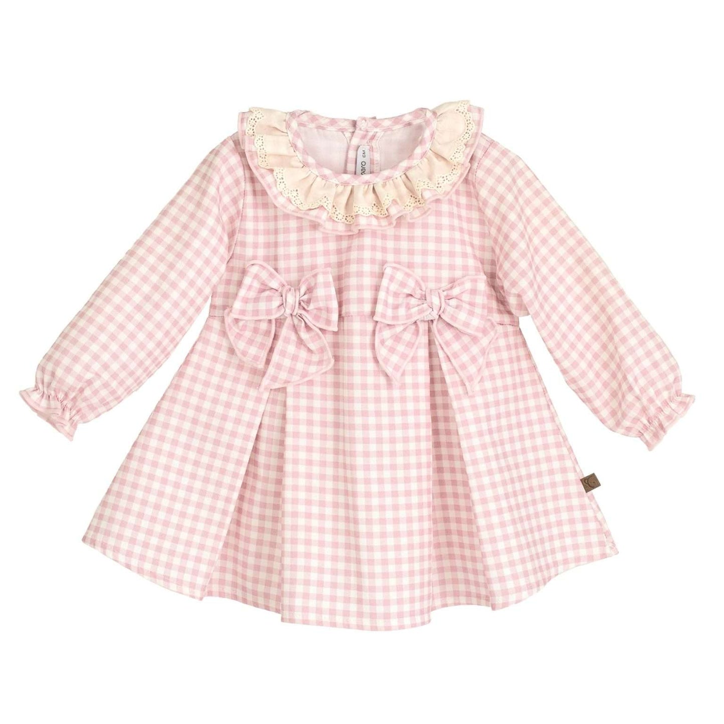 Abitino fantasia a quadretti.Collo volant con inserto in pizzo, fiocchetti in vita.