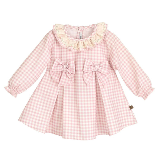 Abitino fantasia a quadretti.Collo volant con inserto in pizzo, fiocchetti in vita.