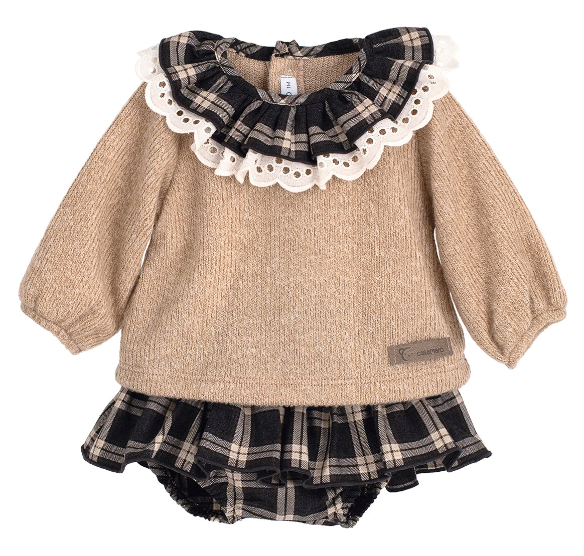 Blusa in maglia felpata con collo volant fantasia, inserto in pizzo sangallo Calamaro