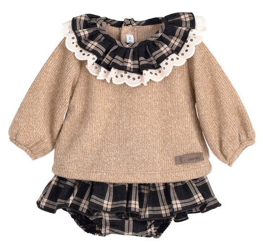 Blusa in maglia felpata con collo volant fantasia, inserto in pizzo sangallo Calamaro